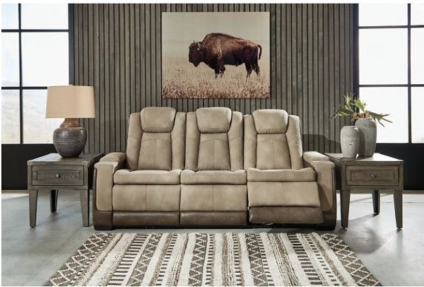 Sofa Reclining Next-Gen DuraPella Power in Beige w Brown Trim Polyester