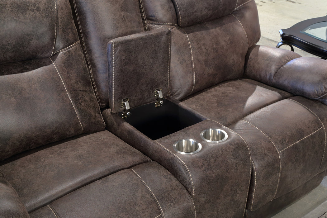 LOVE SEAT DUAL RECLINING w CONSOLE & POWER IN CHOCOLATE FABRIC