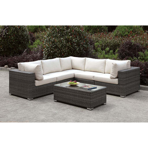 Somani Light Gray Wicker/Ivory Cushion L-Sectional + Coffee Table image