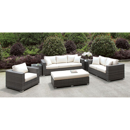 Somani Light Gray Wicker/Ivory Cushion 3 Pc Set + Bench + 2 End Tables image