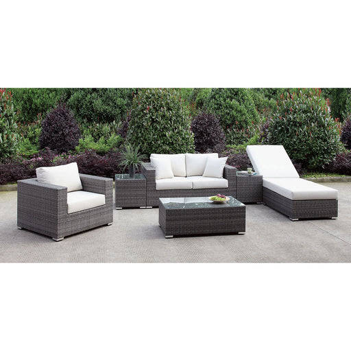Somani Light Gray Wicker/Ivory Cushion Love Seat+chair+adj Chaise+2 End Tables+coffee Table image