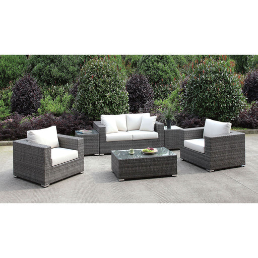 Somani Light Gray Wicker/Ivory Cushion Love Seat+2 Chairs+2 End Tables+coffee Table image