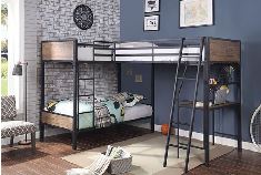 Triple Twin Bunk Bed Alcor w Built-in-Desk.  Industrial w Faux Wood Panels & Black Metal