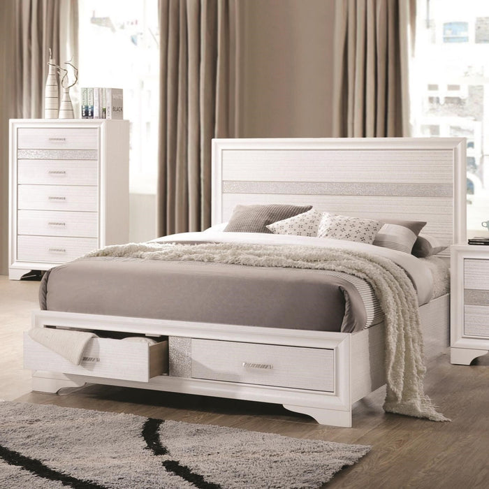 Eastern King Bed White Silver Trim Drawers at Foot of Bed Miranda