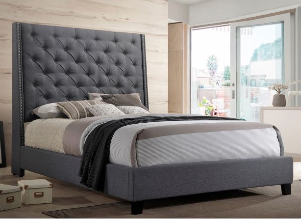 Queen Bed Gray Tufted Material Chantilly
