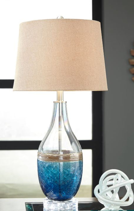 Table Lamp Blue & Clear Glass w Beige 3-Way Switch