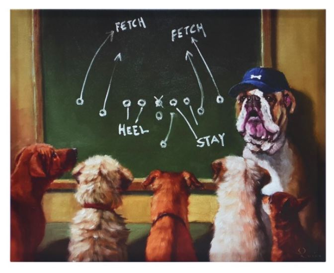 Picture "Game Plan" 4 dogs & Coach w Blackboard
