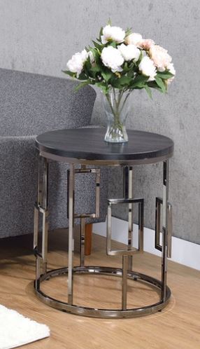 End Table Ester Round Drk Wood Top & Base w Metal Rectangular Iron Design