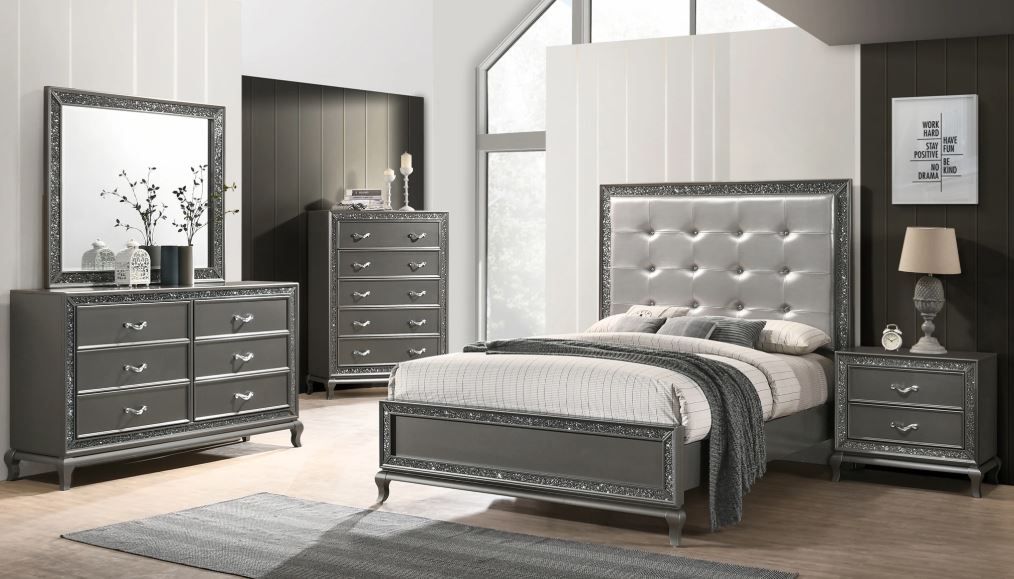 4-P QUEEN PARK IMPERIAL BEDROOM PEWTER W INTRICATE TRIM