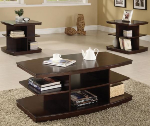 2-P COFFEE & END TABLE IN ESPRESSO FINISH W STACKED SHELVES