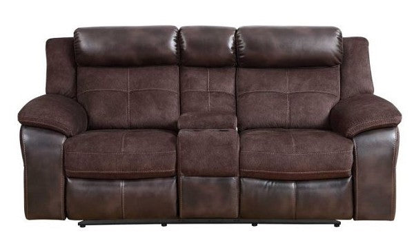 Love Seat Reclining Pueblo w Console 2-Toned Coffee Leatherette & Fabric