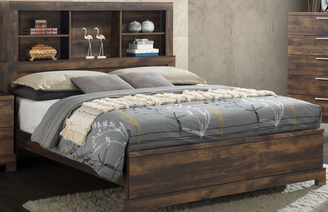 QUEEN CAMPBELL BED RUSTIC BROWN WITH BOOKCASE HEADBOARD